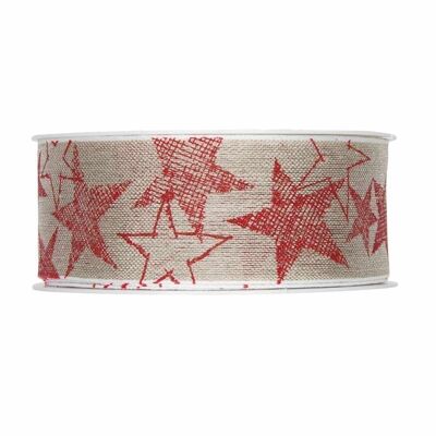 Gift ribbon "Stars" nature/red 40mm 25m