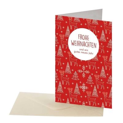 Cartolina di Natale rossa con alberi bianchi