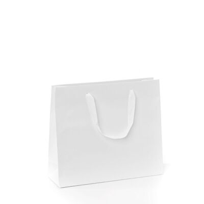 Bolsa de transporte 32x10x27+5cm blanca con cinta de ajedrez