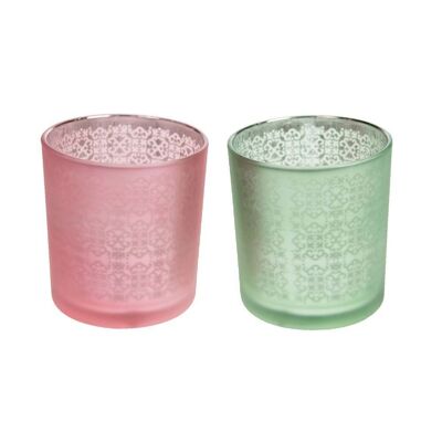Windlichter aus Glas 7.3x7.3x8 cm grün/pink sortiert