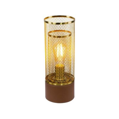 Lamp in gold metal and brown faux leather Acuero