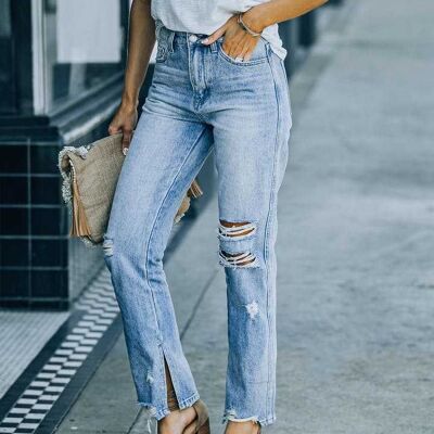 High-Rise Slit Ripped Straight Leg Jeans