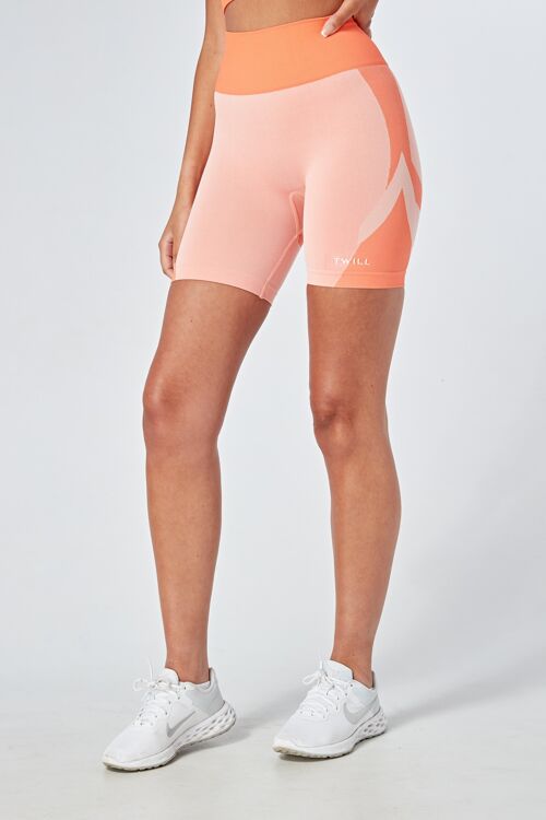 TWILL ACTIVE RECYCLED COLOUR BLOCK BODY FIT CYCLING SHORTS - CORAL
