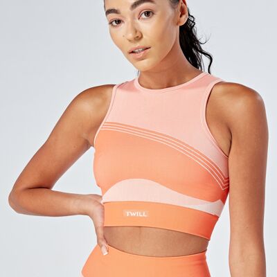 TWILL ACTIVE RECYCLED COLOUR BLOCK BODY FIT RACER CROP TOP - CORAL