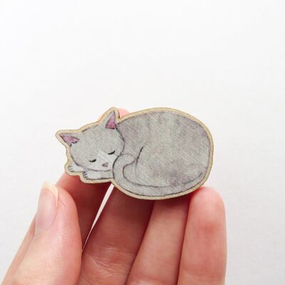 Sleepy Gray Cat Wooden Pin