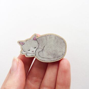 Sleepy Grey Cat Wooden Pin 1