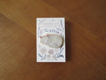 Sleepy Grey Cat Wooden Pin 2