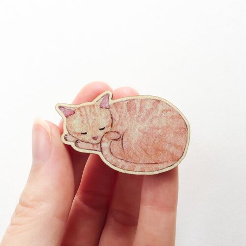 Sleepy Ginger Cat Wooden Pin