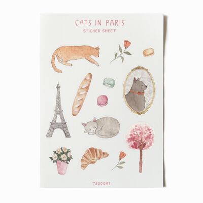 Foglio di adesivi di gatti a Parigi