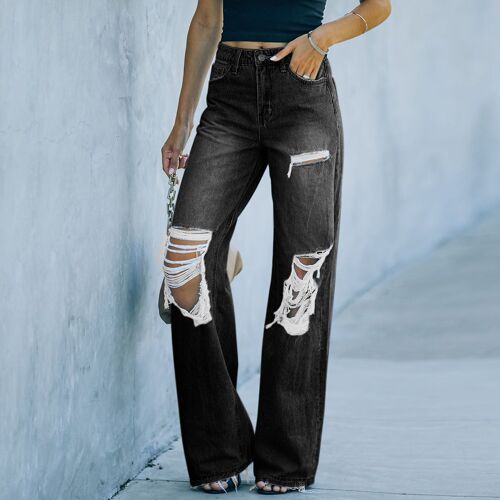 Simple Loose Mid-Waist Ripped Jeans