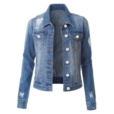 Long-Sleeved Lapel Torn Denim Jacket