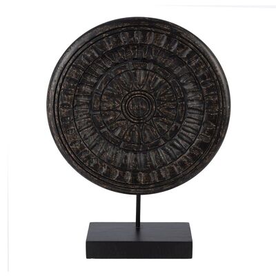 Black Carved Wood Disc Object