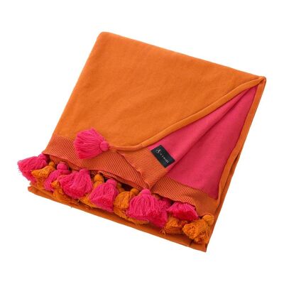 Pom Pom Knitted Throw - 130x170cm - Pink & Orange