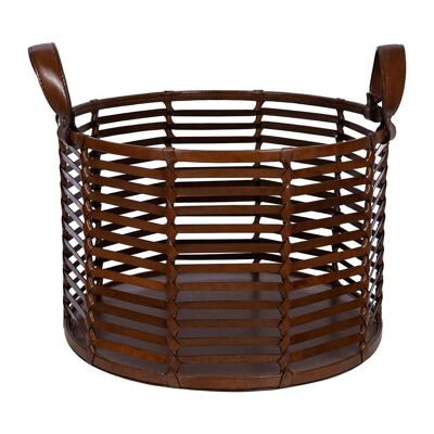 Slotted Leather Basket - Tan