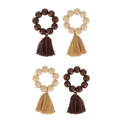 Wooden Bead Tassel Napkin Rings - Set of 4 - Cream/Brown