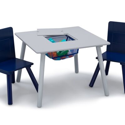 Gray table with storage and two Delta Children Signature navy chairs