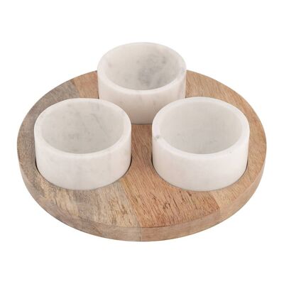 Wooden Tray with White Marble Bowls