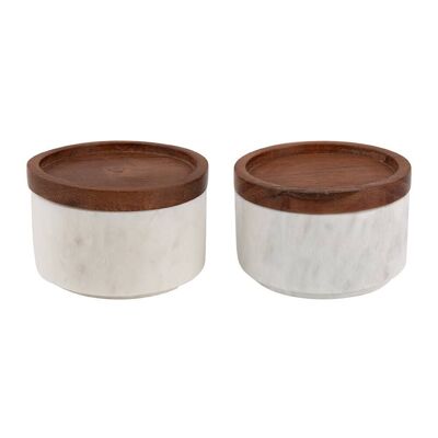 Marble Pots with Wooden Lid - White