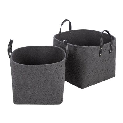 Felt Leather Handle Basket - Black - Set of 2