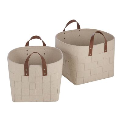 Felt Leather Handle Basket - Cream - Set of 2