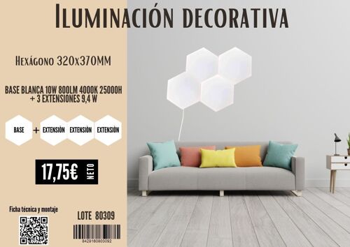 Pack PANEL LED ENLAZABLE HEXAGONAL BLANCO 10W 800LM 4000K 25000H 320x370MM 7hSevenOn+ 3 EXTENSIONES 9,4 W