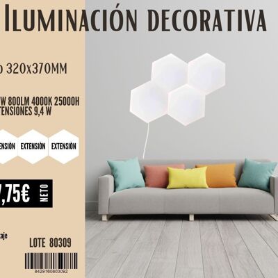 Pack PANEL LED ENLAZABLE HEXAGONAL BLANCO 10W 800LM 4000K 25000H 320x370MM 7hSevenOn+ 3 EXTENSIONES 9,4 W