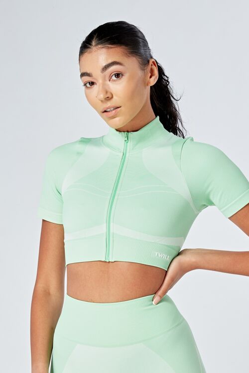 TWILL ACTIVE RECYCLED COLOUR BLOCK ZIP-UP CROP TOP GREEN