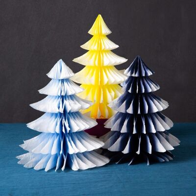 Decoraciones de mesa de árbol de Navidad de panal amarillo y azul