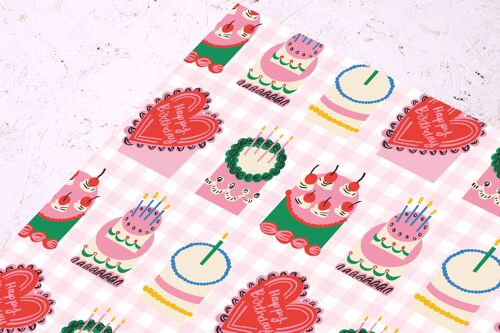 Gingham Birthday Wrap - Gift Wrap - Cute - Birthday Cakes