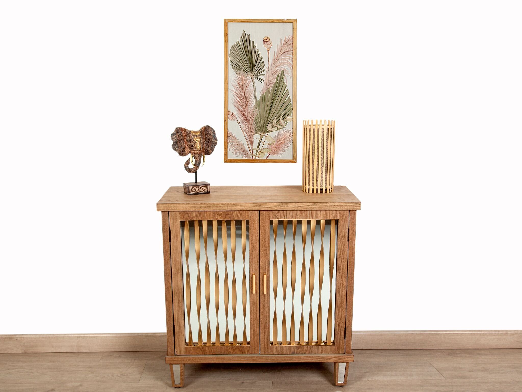 CREDENZA 2P. STRISCE IN LEGNO DI PINO/METALLO SPECCHIO HM14414