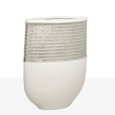 FLORERO CERAMICA OVAL PLATA/BLANCO HM22214