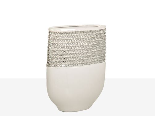 FLORERO CERAMICA OVAL PLATA/BLANCO 18X9X25CM HM22215