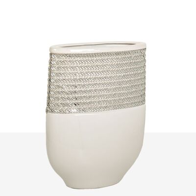 FLORERO CERAMICA OVAL PLATA/BLANCO 18X9X25CM HM22215