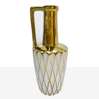 WEISSE KERAMIKVASE GOLDENE RHOMBUS 13X13X30CM HM84532