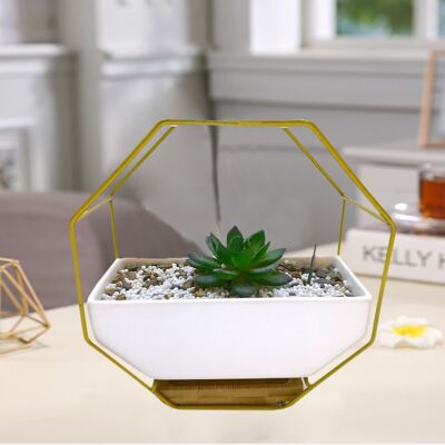 OCTAGONAL CERAMIC PLANTER GOLDEN METAL HM84564