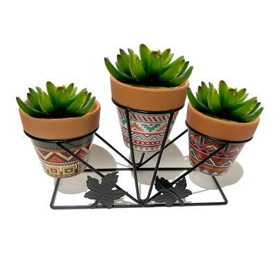 METAL SUPPORT WITH 3 ETHNIC CERAMIC POT COVERS 34X12X20CM HM84584