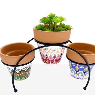 METAL SUPPORT WITH 3 ETHNIC CERAMIC POT COVERS HM84585