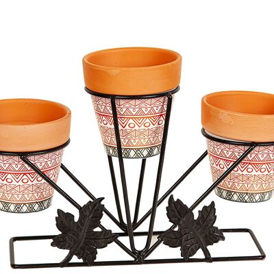 METAL SUPPORT WITH 3 ETHNIC CERAMIC POT COVERS 30X12X20CM HM84583