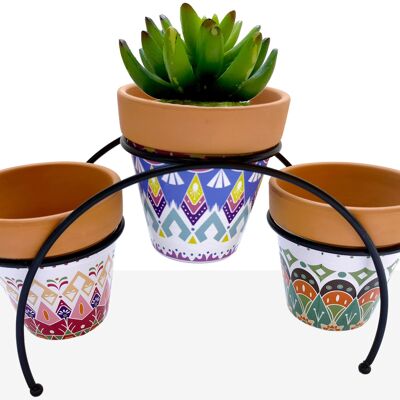 METAL SUPPORT WITH 3 ETHNIC CERAMIC POT COVERS HM84586