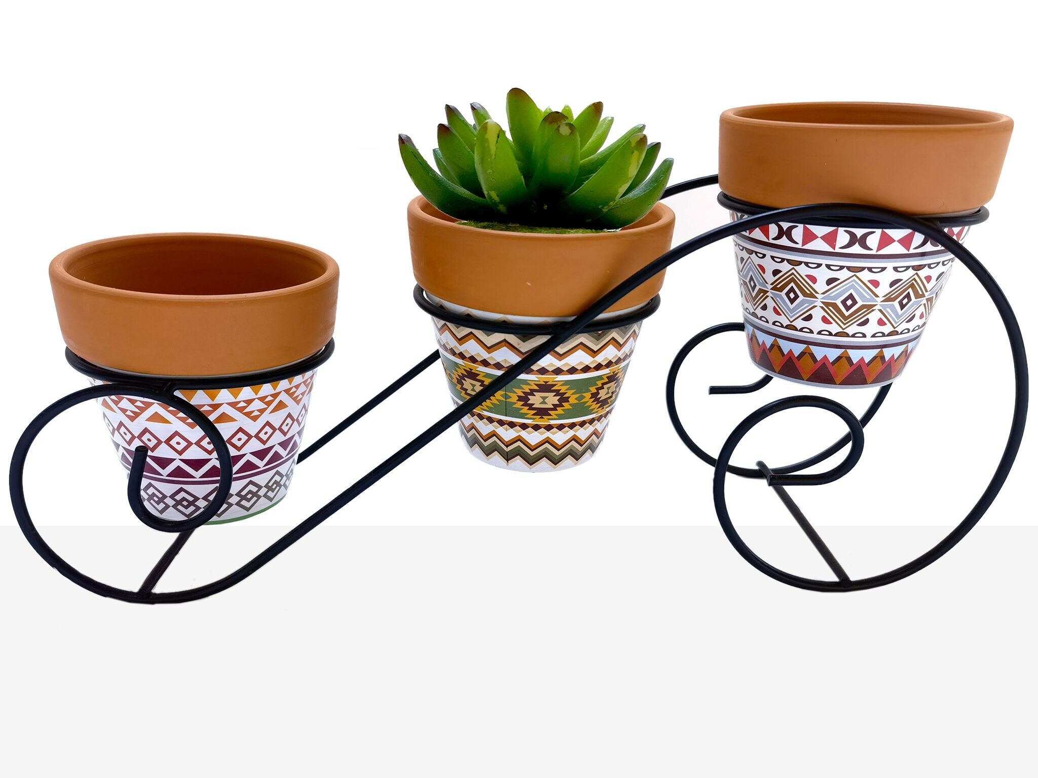 METALLSTÜTZE MIT 3 ETHNISCHEN KERAMIKTOPFABDECKUNGEN HM84590