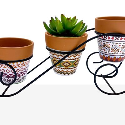 METAL SUPPORT WITH 3 ETHNIC CERAMIC POT COVERS 33X12X14CM HM84590