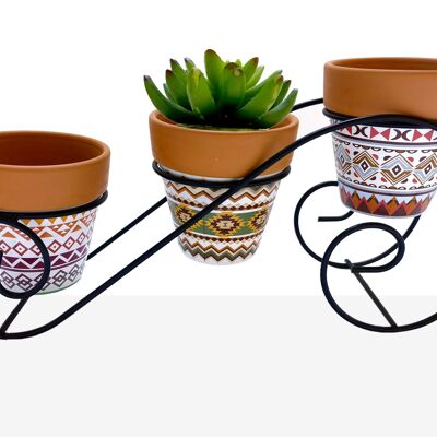 METAL SUPPORT WITH 3 ETHNIC CERAMIC POT COVERS HM84590
