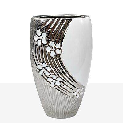 WHITE/SILVER CERAMIC VASE HM221080