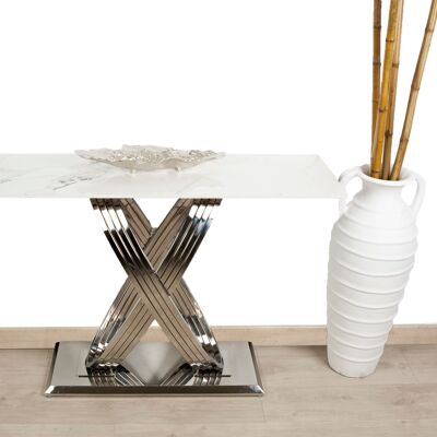 SILVER STAINLESS STEEL TABLE ARTIFICIAL MARBLE TOP HM352202