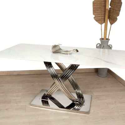 CONSOLE EN ACIER INOXYDABLE ARGENT PLATEAU EN MARBRE ARTIFICIEL 120X40X0CM HM352203