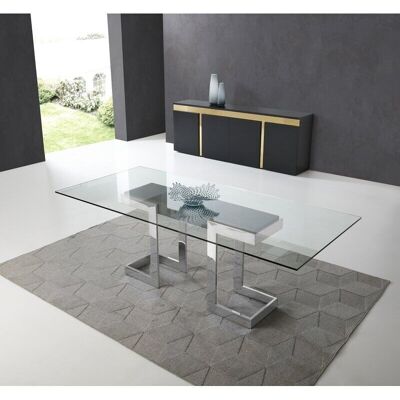 SILVER STAINLESS STEEL TABLE TEMPERED GLASS TOP 150X90X75CM HM352207
