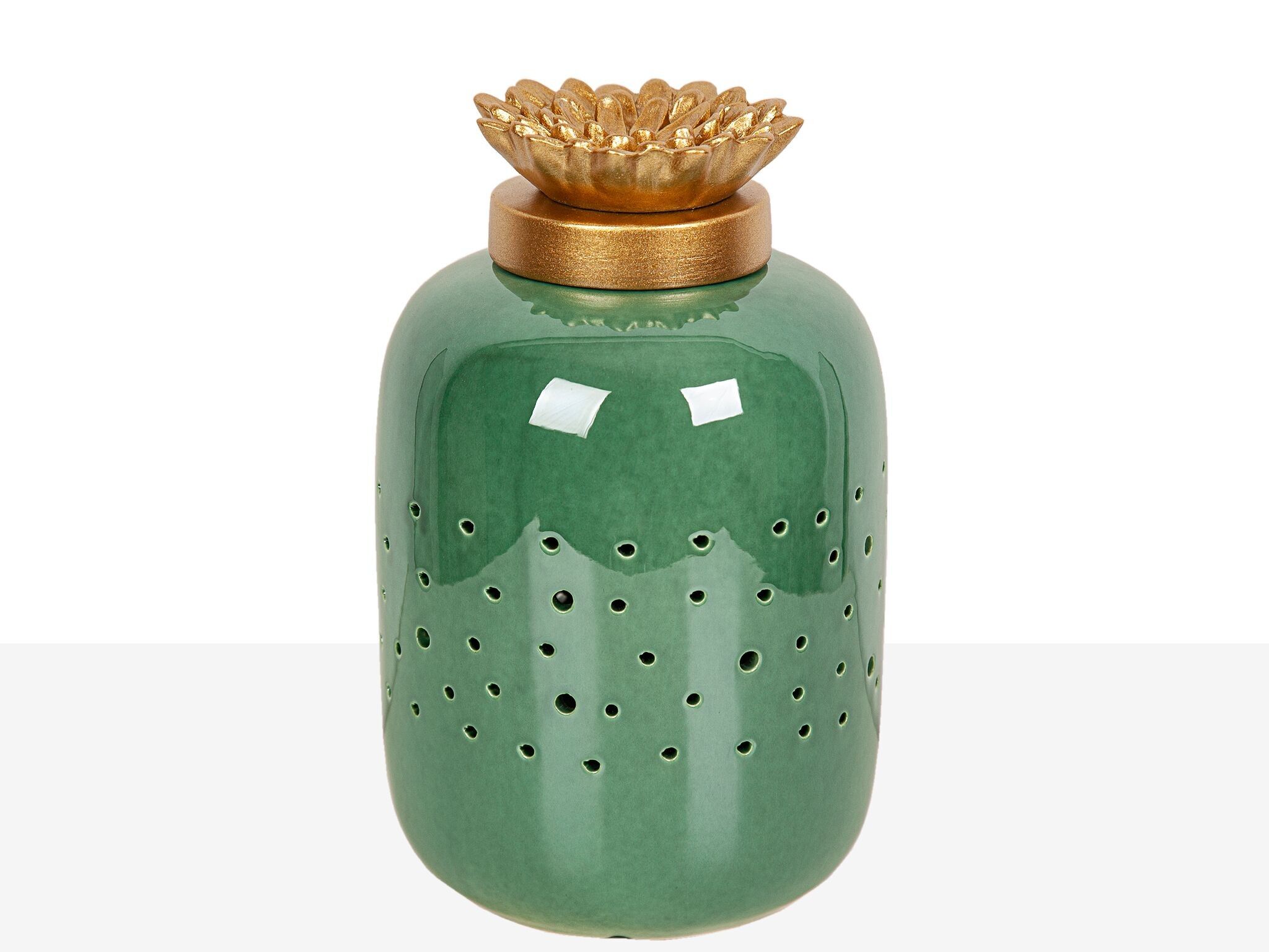BARATTOLO APERTO IN CERAMICA VERDE CON COPERCHIO IN RESINA DORATA HM04.002644