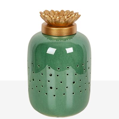 GREEN CERAMIC FRETWORK JAR WITH GOLDEN RESIN LID HM04.002644