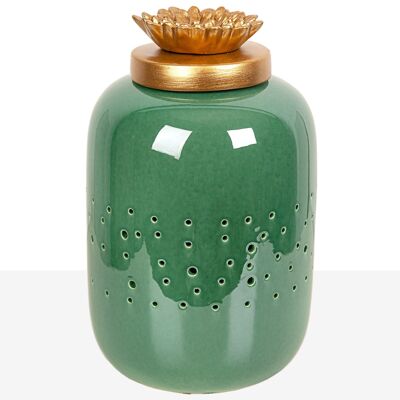 GREEN CERAMIC OPENING JAR WITH GOLDEN RESIN LID 17X17X29CM HM04.002645