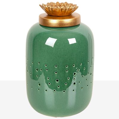 BOTE CALADO CERAMICA VERDE TAPA RESINA DORADO 17X17X29CM HM04.002645